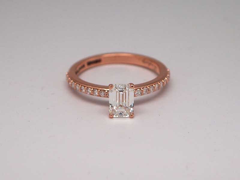 14kt rose gold and emerald cut engagement ring