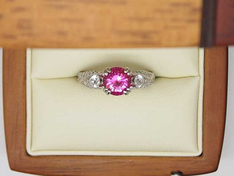Pink Chatham sapphire and diamond ring