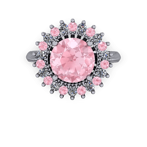 Pink Morganite and diamond halo cathedral engagement ring