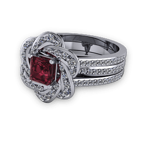 White Gold and ruby unique halo engagement ring set