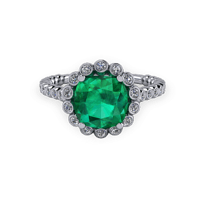 Organic Vintage style emerald custom halo ring