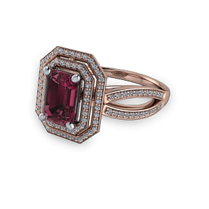 Rose gold and garnet diamond double halo emerald cut ring