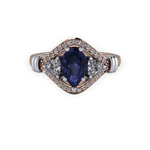 玫瑰金和铂金梨蓝宝石复古3石订婚戒指