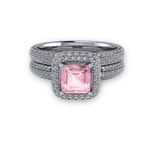 Platinum Pink ascher and diamond pave halo ring set