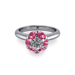 White gold and pink sapphire small halo solitaire ring