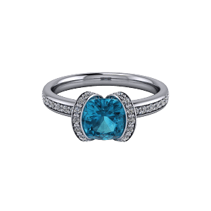 White gold blue topaz and diamond bespoke half halo engagement ring