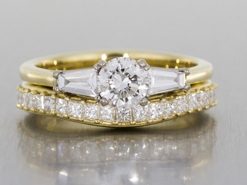 Yellow Gold Trilogy Engagement Ring With Matching Princess Cut Wedding ...