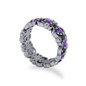 Eternity ring, Amethyst and black diamonds, filigree, wedding band, multistone