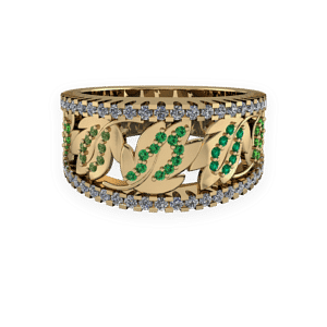 floral, wide band, emerald, yellow gold, leaf pattern