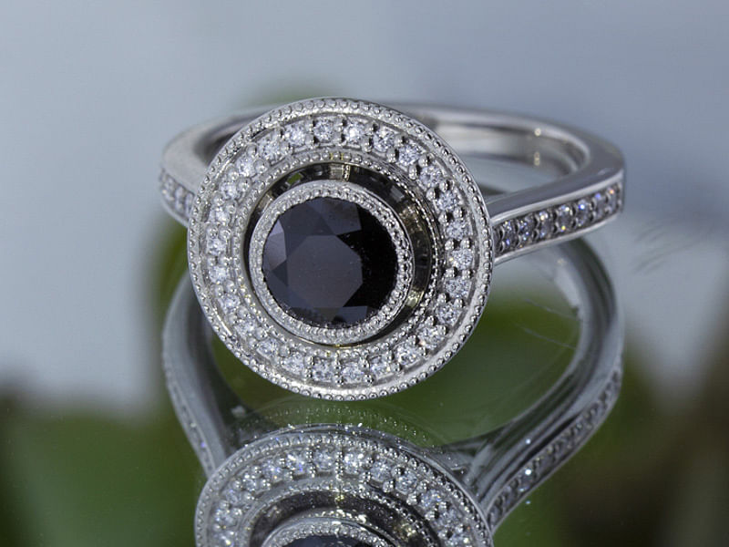Black Sapphire Diamond Halo Ring — Salvatore & Co.