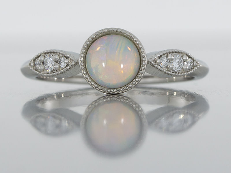 durham rose Platinum opal ring with accent diamonds main front