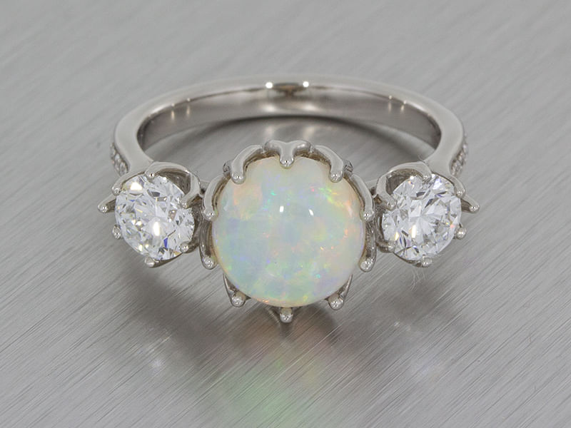 durham rose Platinum opal three stone ring with 2 x round brilliant diamonds main