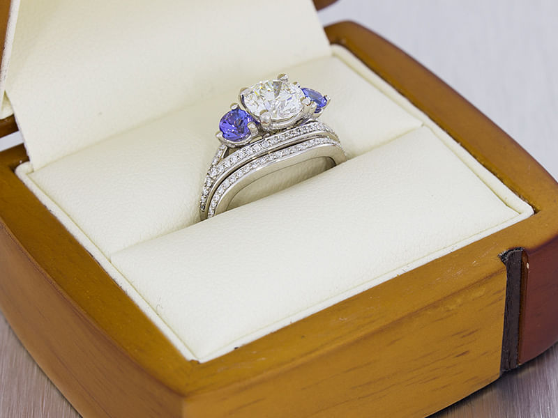 durham rose platinum engagement and wedding ring set with diamonds and tanzanites