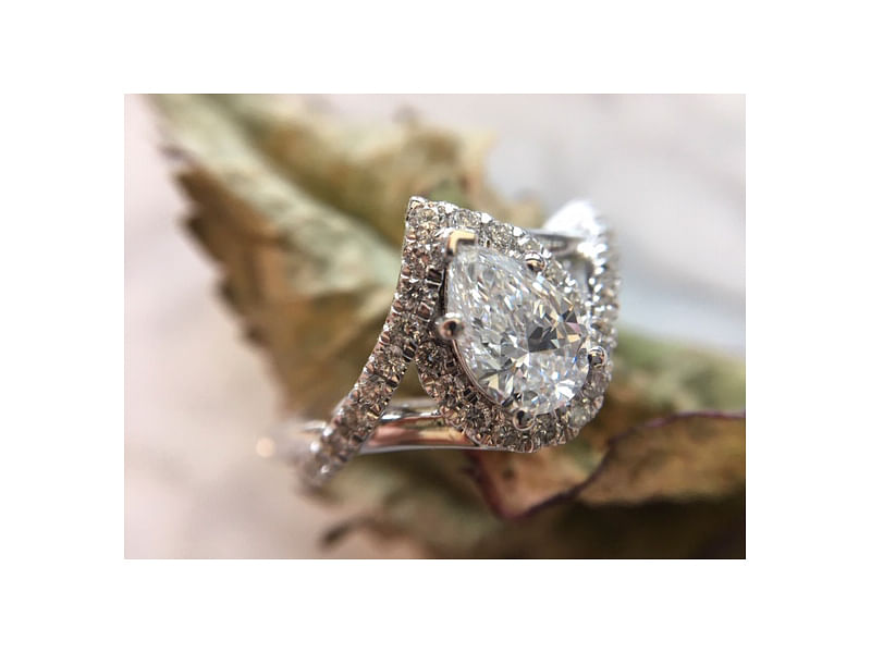 durham rose Pear diamond halo engagement ring with organic detail insta